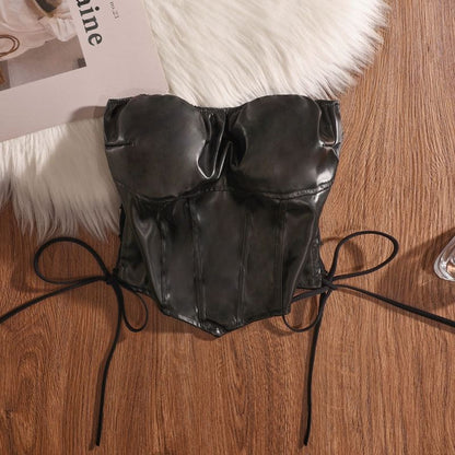 Faux Leather Lace-Up Tube Top - Plain Style