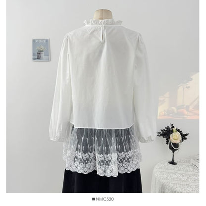 Overfit Blouse - Ruffle Neck Lace Hem