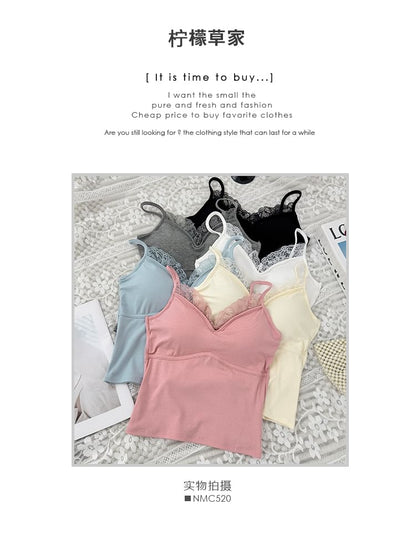 V-Neck Camisole - Lace Trim Padded 6 Colors
