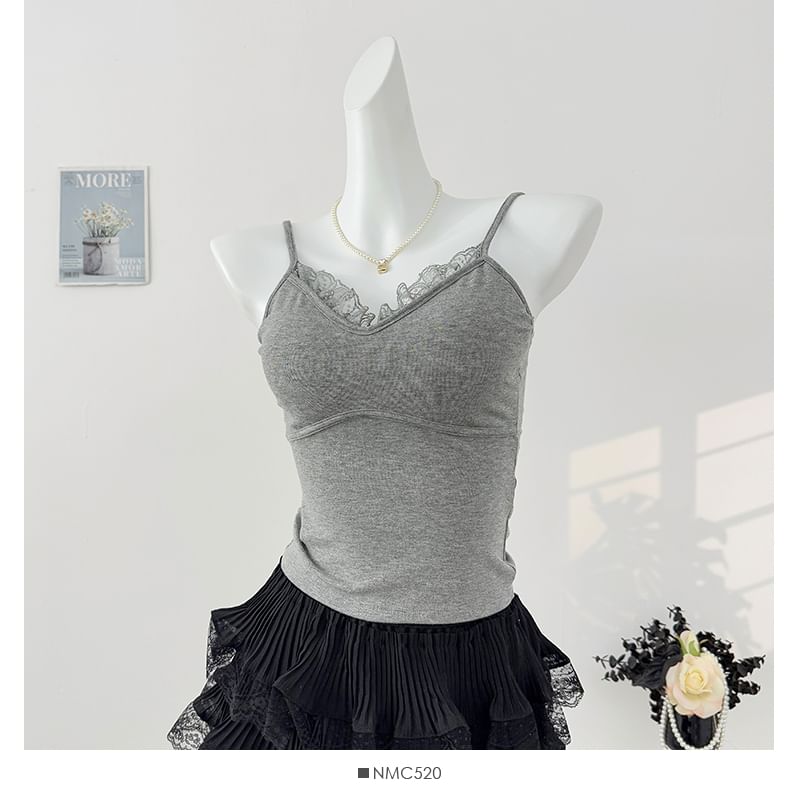 V-Neck Camisole - Lace Trim Padded 6 Colors