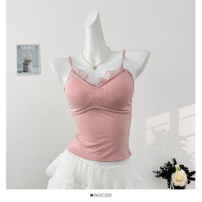 V-Neck Camisole - Lace Trim Padded 6 Colors