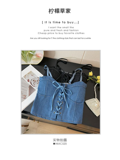 Denim Bustier - Lace-Up Corset Top