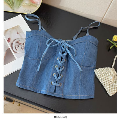 Denim Bustier - Lace-Up Corset Top