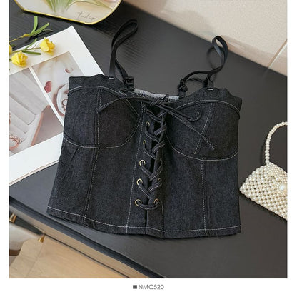 Denim Bustier - Lace-Up Corset Top