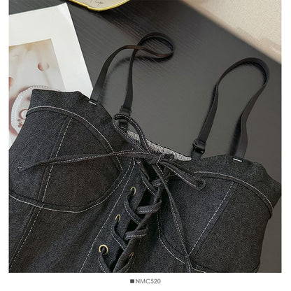 Denim Bustier - Lace-Up Corset Top