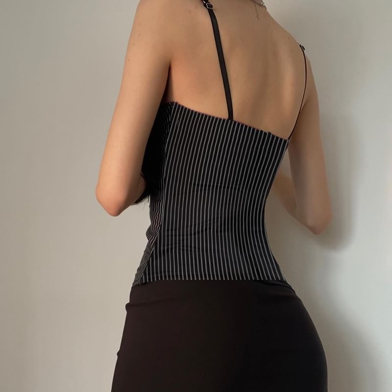 Slim-Fit Open-Back Striped Lace-Trim Camisole
