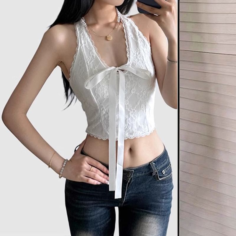 Lace Crop Halter Neck Tie Front Top