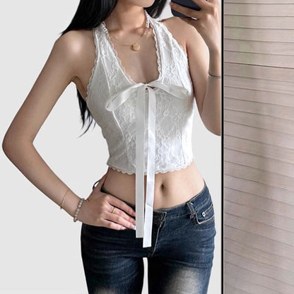 Lace Crop Halter Neck Tie Front Top