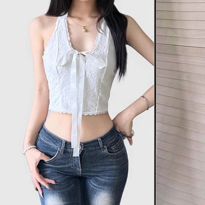 Lace Crop Halter Neck Tie Front Top