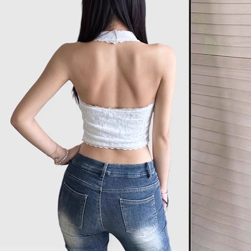 Lace Crop Halter Neck Tie Front Top