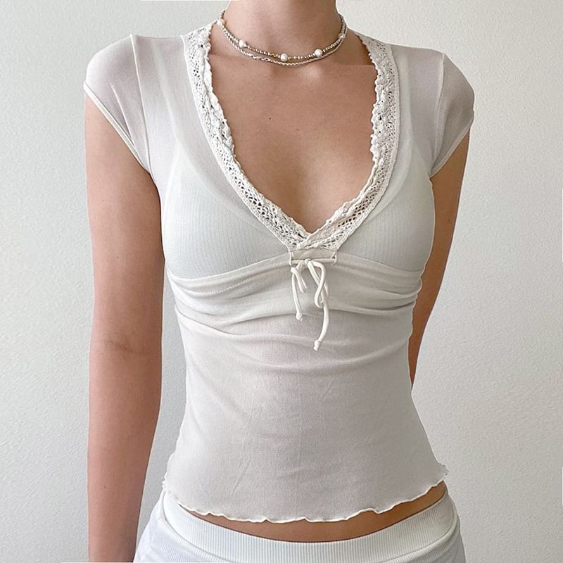 Mesh Lace Trim Tie Front Cap Sleeve Top