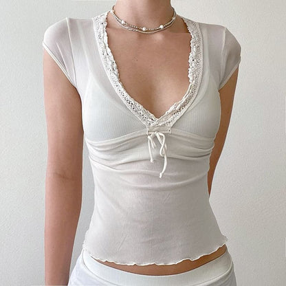 Mesh Lace Trim Tie Front Cap Sleeve Top