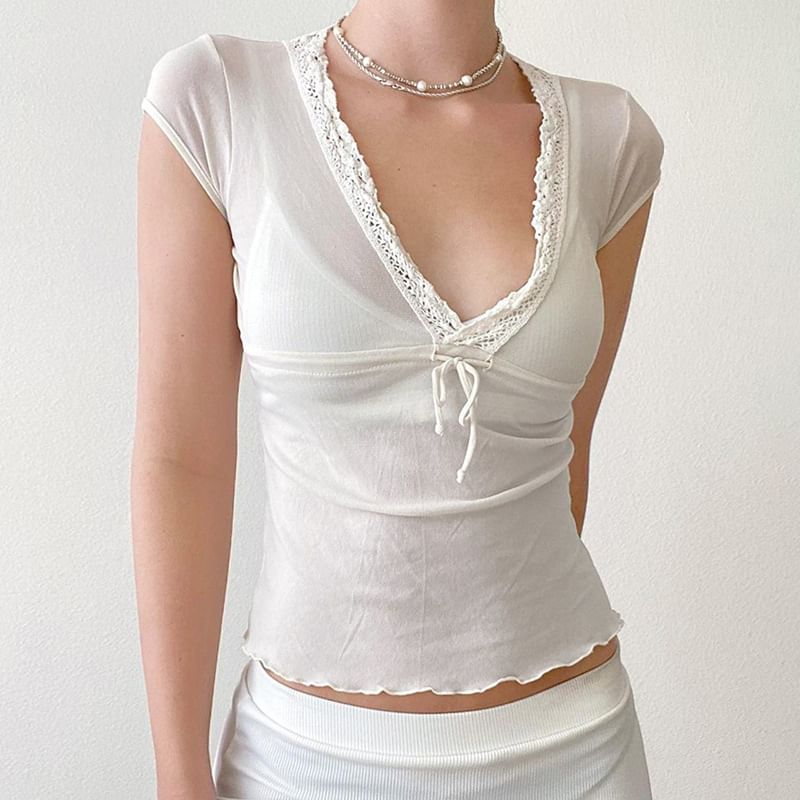 Mesh Lace Trim Tie Front Cap Sleeve Top