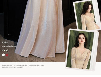 V-Neck Wrap Gown A-Line Long (Various Designs) Sleeve Evening