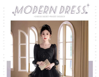 Square Evening Long Starry Sleeve A-Line Gown Neck