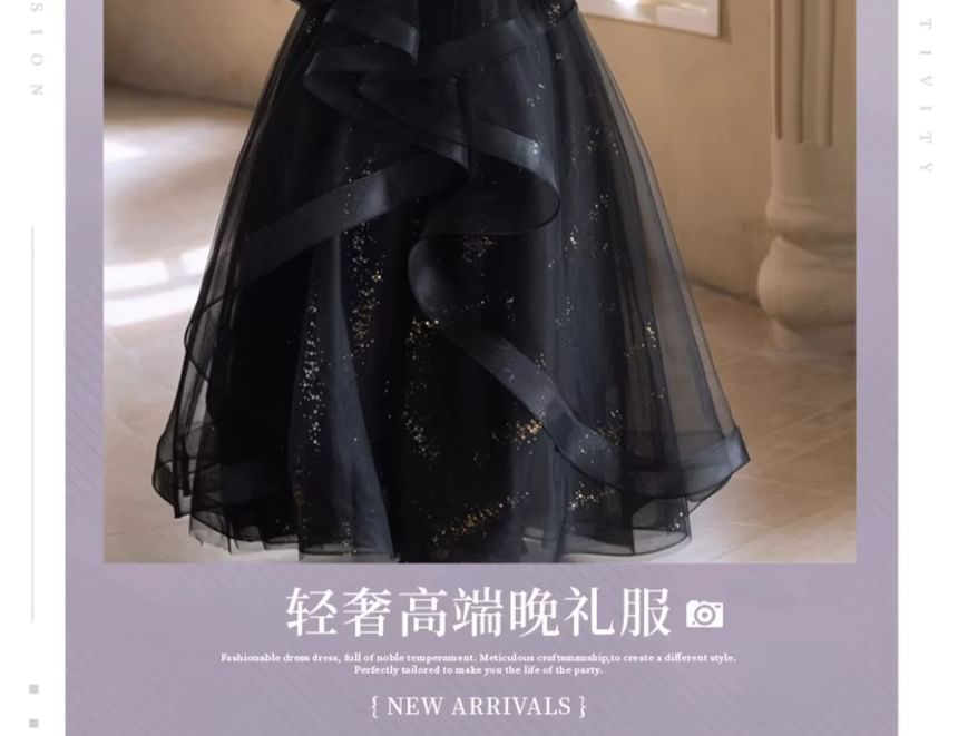 Long Sleeve Square Neck Starry A-Line Evening Gown