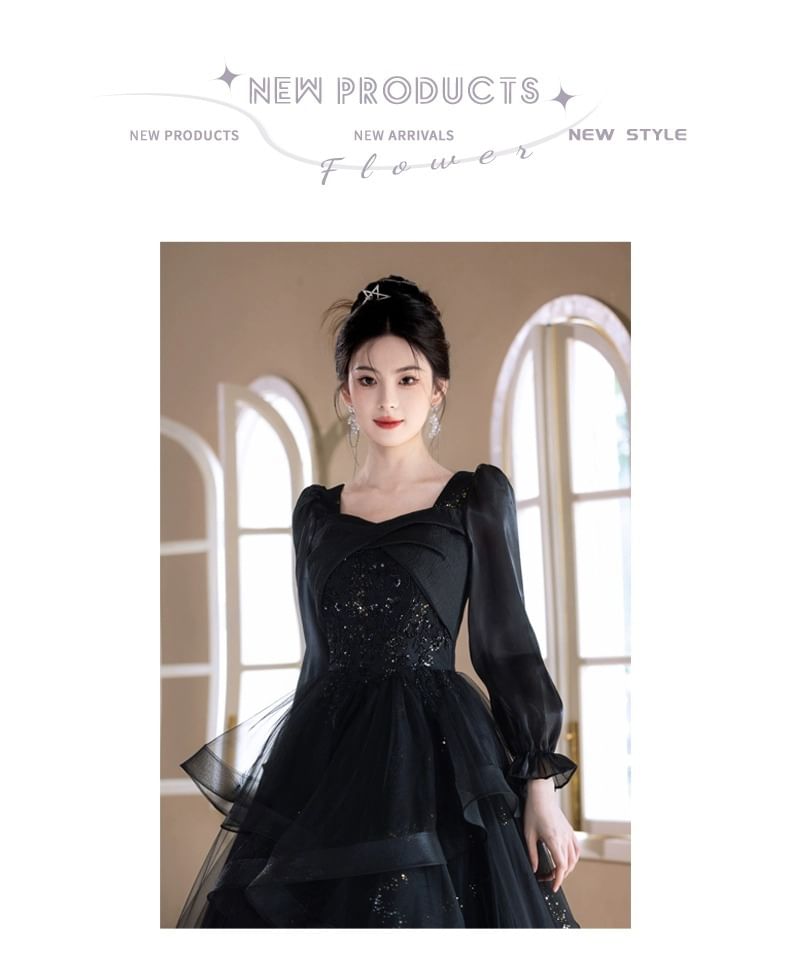 Square Evening Long Starry Sleeve A-Line Gown Neck