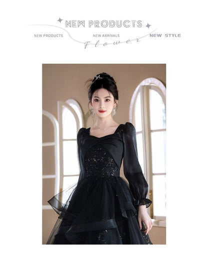 Long Sleeve Square Neck Starry A-Line Evening Gown