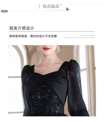 Long Sleeve Square Neck Starry A-Line Evening Gown