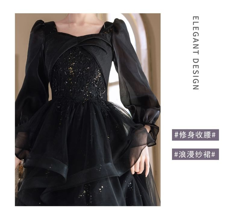 Long Sleeve Square Neck Starry A-Line Evening Gown