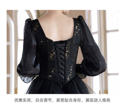 Square Evening Long Starry Sleeve A-Line Gown Neck