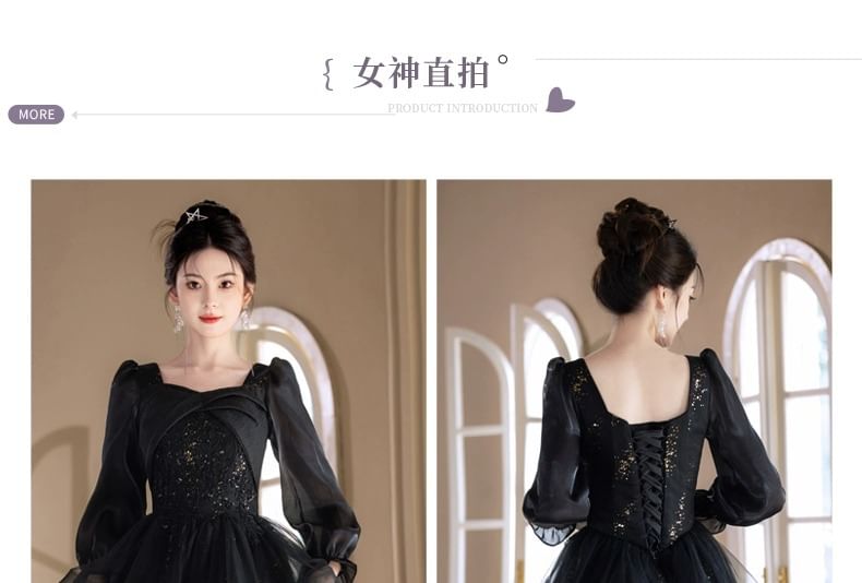 Square Evening Long Starry Sleeve A-Line Gown Neck