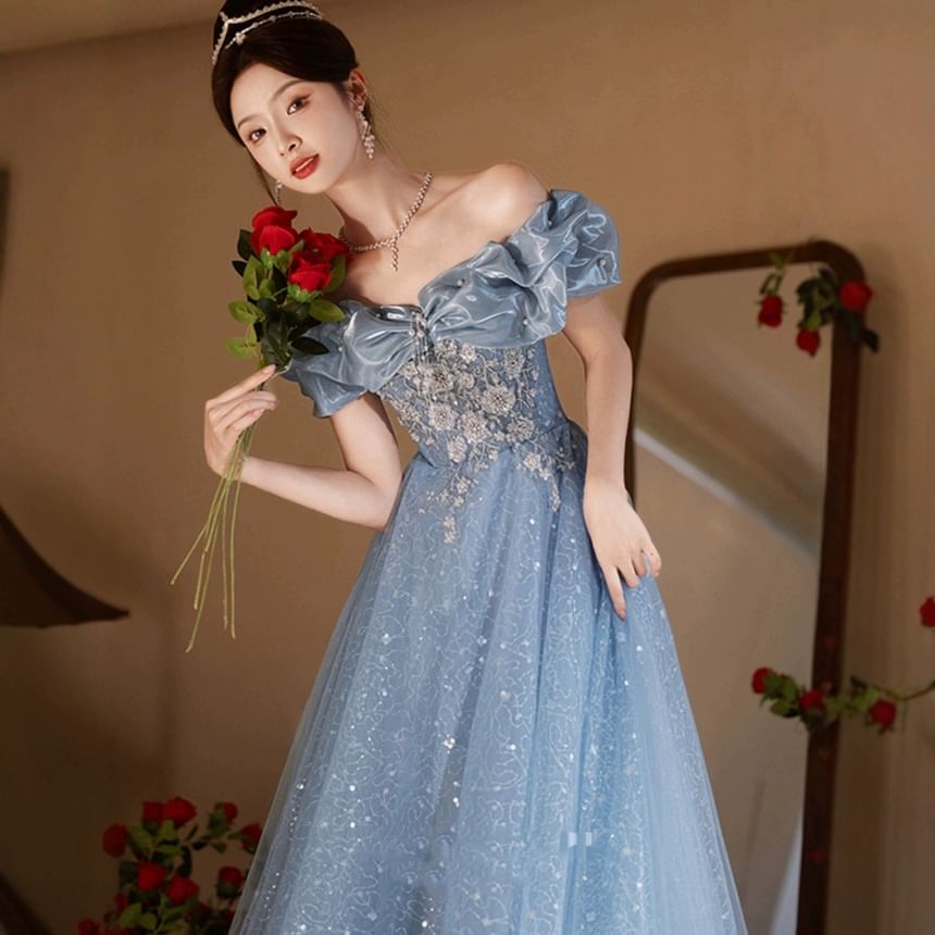 Off Shoulder Floral Embroidered A-Line Evening Gown