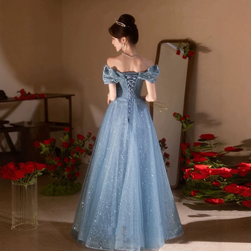 Off Shoulder Floral Embroidered A-Line Evening Gown