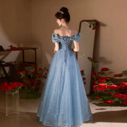 Off Shoulder Floral Embroidered A-Line Evening Gown