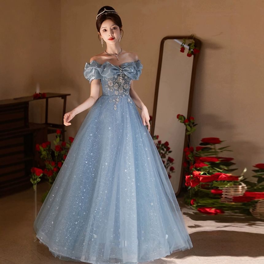 Off Shoulder Floral Embroidered A-Line Evening Gown
