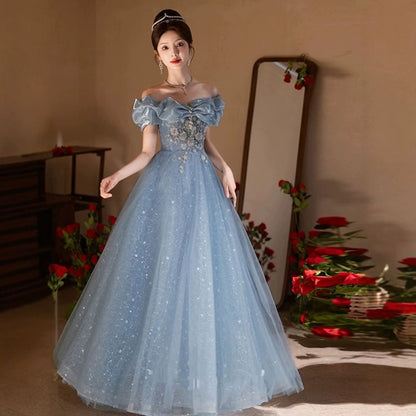 Off Shoulder Floral Embroidered A-Line Evening Gown