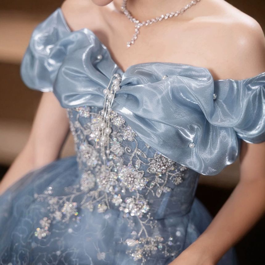 Off Shoulder Floral Embroidered A-Line Evening Gown