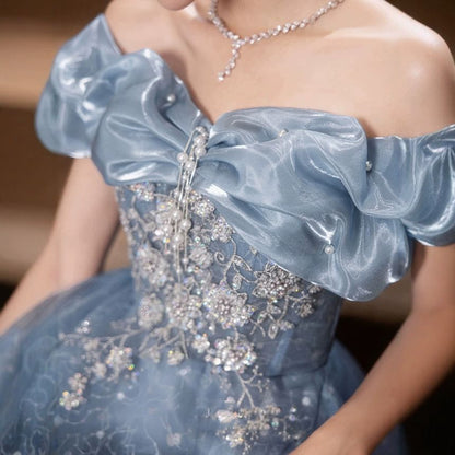 Off Shoulder Floral Embroidered A-Line Evening Gown