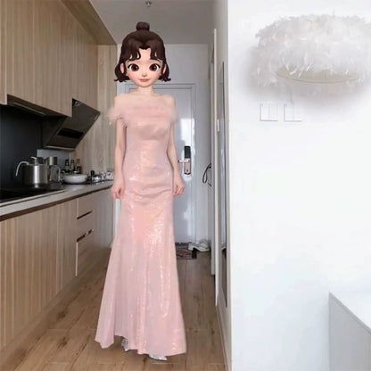 Mermaid Gown Evening Feather Glitter Accent Off-The-Shoulder