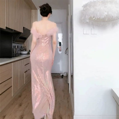 Feather Accent Off-The-Shoulder Glitter Mermaid Evening Gown