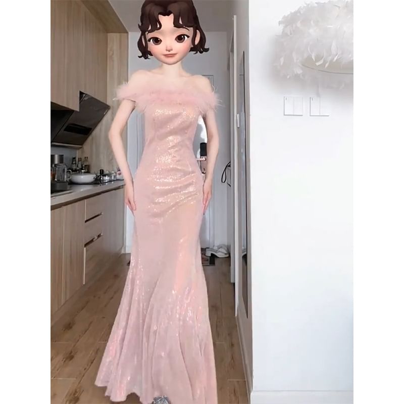 Feather Accent Off-The-Shoulder Glitter Mermaid Evening Gown