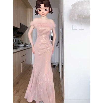 Feather Accent Off-The-Shoulder Glitter Mermaid Evening Gown