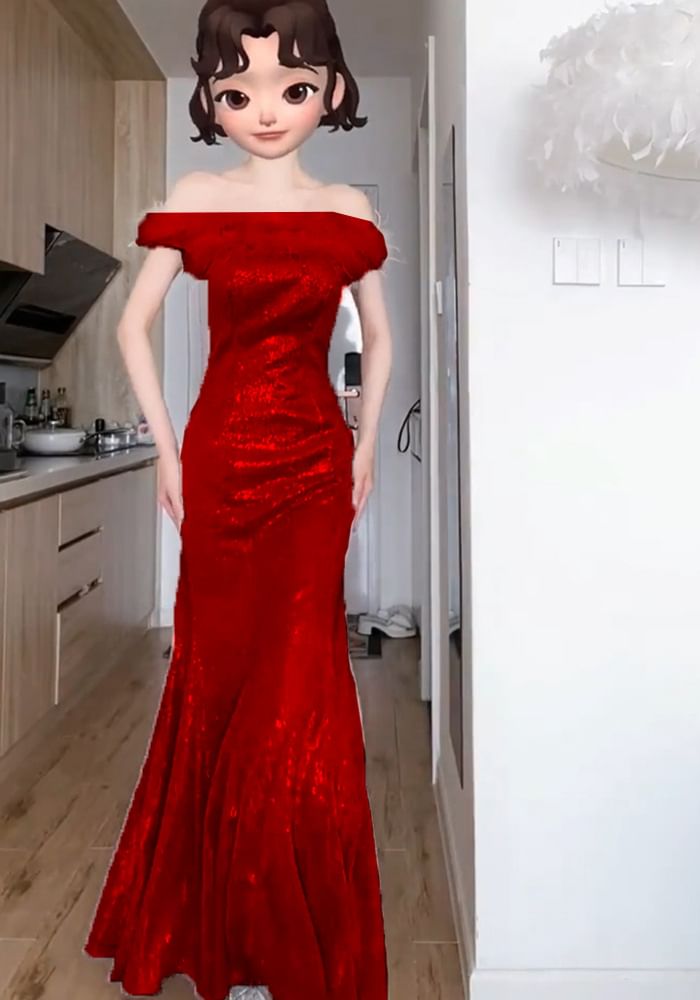 Feather Accent Off-The-Shoulder Glitter Mermaid Evening Gown