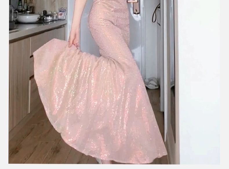 Feather Accent Off-The-Shoulder Glitter Mermaid Evening Gown