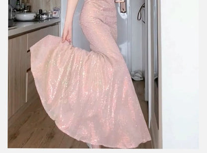 Feather Accent Off-The-Shoulder Glitter Mermaid Evening Gown