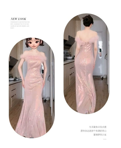Feather Accent Off-The-Shoulder Glitter Mermaid Evening Gown
