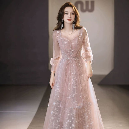 Long Sleeve V-Neck Glitter Sheath Evening Gown