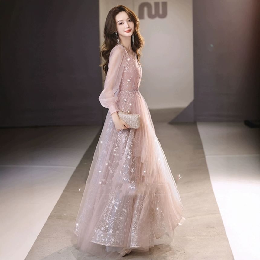 Long Sleeve V-Neck Glitter Sheath Evening Gown