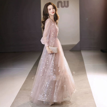 Long Sleeve V-Neck Glitter Sheath Evening Gown