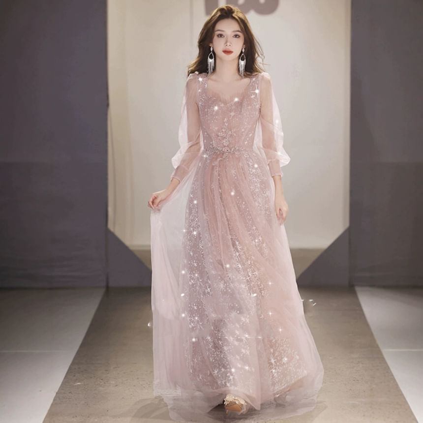 Long Sleeve V-Neck Glitter Sheath Evening Gown