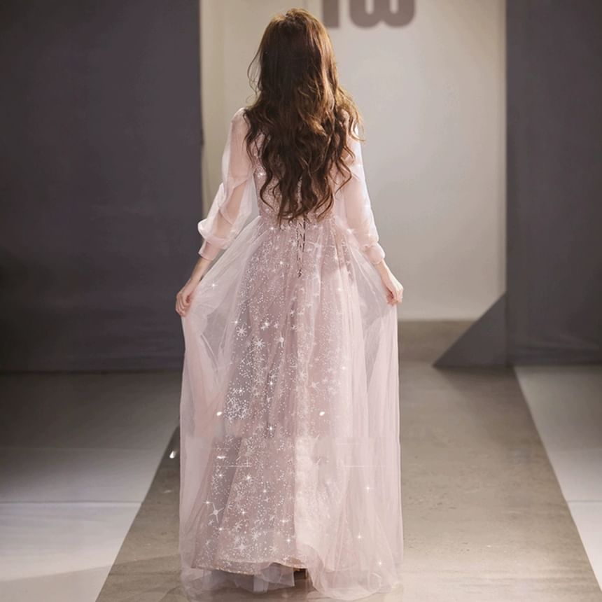 Long Sleeve V-Neck Glitter Sheath Evening Gown