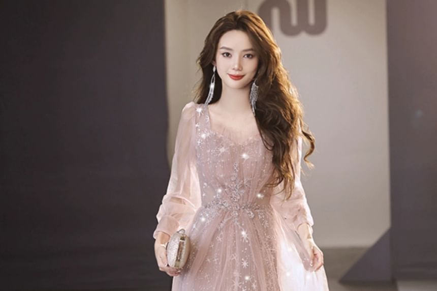 Long Sleeve V-Neck Glitter Sheath Evening Gown