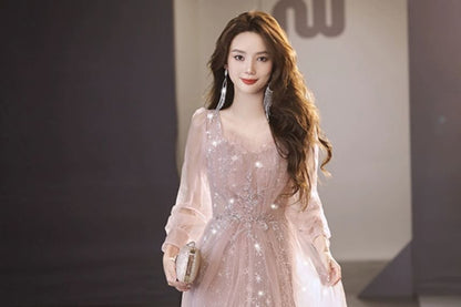 Long Sleeve V-Neck Glitter Sheath Evening Gown