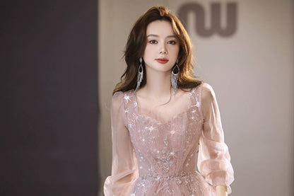Long Sleeve V-Neck Glitter Sheath Evening Gown