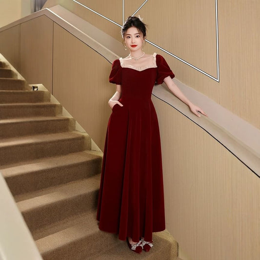 Puff Sleeve Sweetheart Neck Plain Velvet A-Line Evening Gown